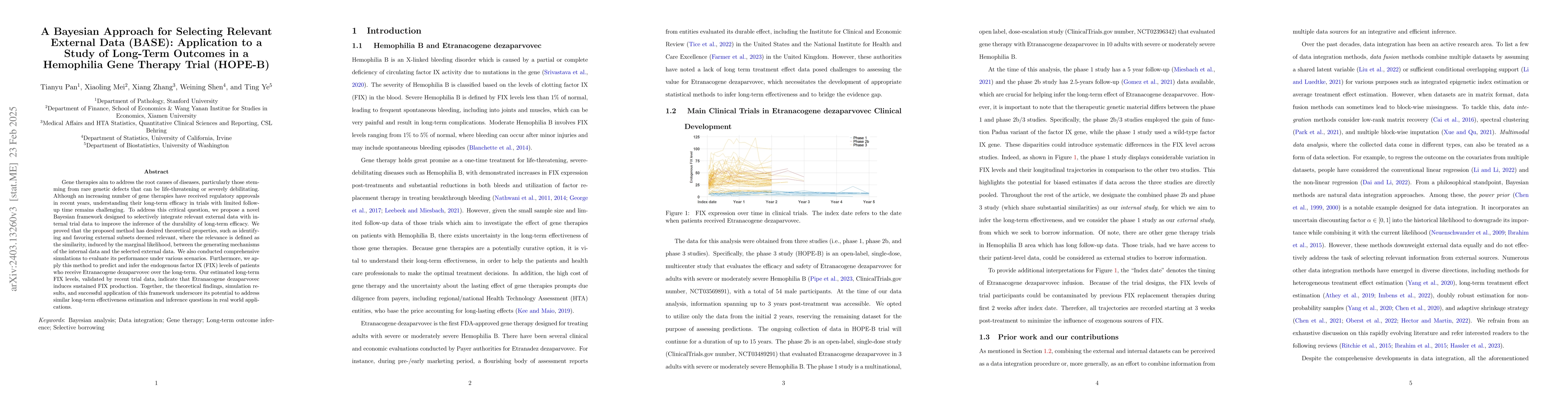 Thumbnail for A Bayesian Approach for Selecting Relevant External Data (BASE):
  Application to a study of Long-Term Outcomes in a Hemophilia Gene Therapy
  Trial