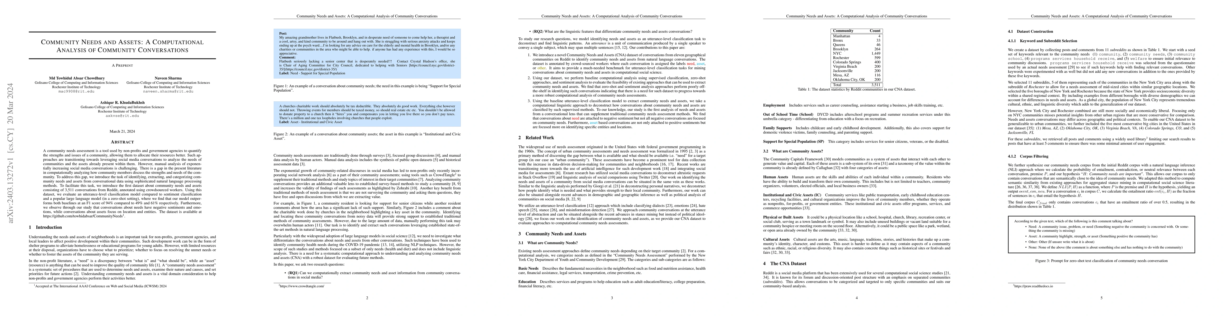 Thumbnail for Community Needs and Assets: A Computational Analysis of Community
  Conversations