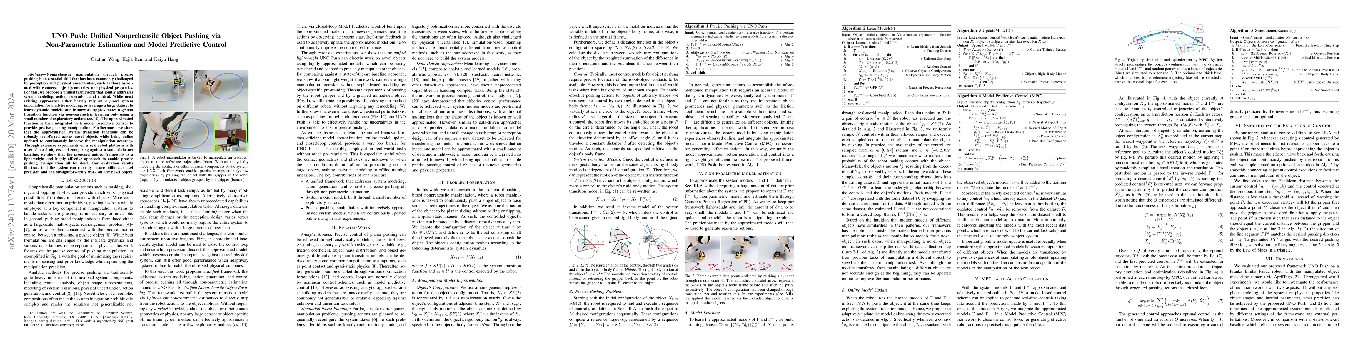 Thumbnail for UNO Push: Unified Nonprehensile Object Pushing via Non-Parametric
  Estimation and Model Predictive Control