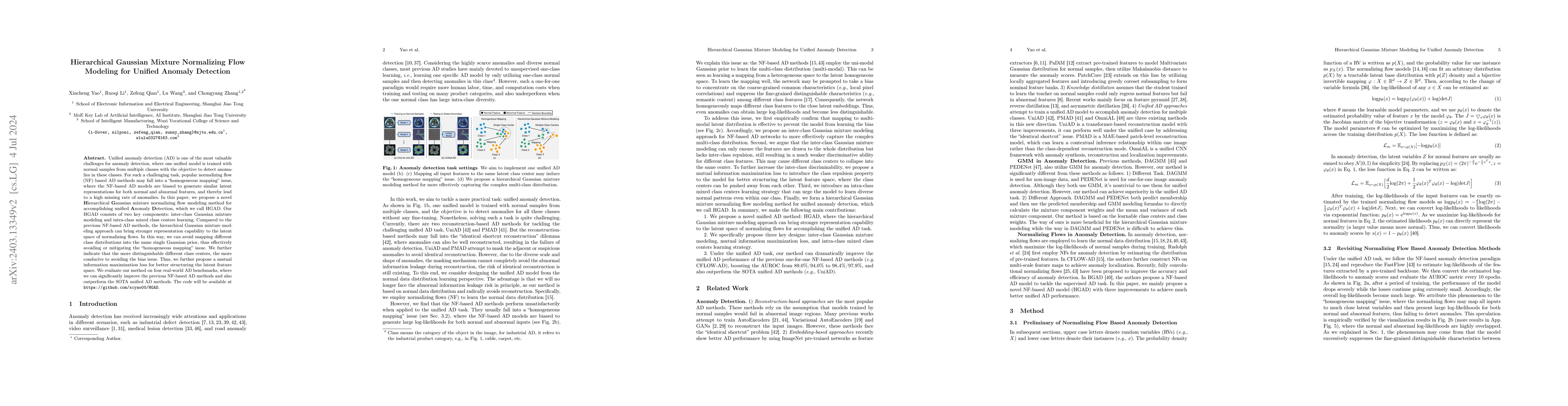 Thumbnail for Hierarchical Gaussian Mixture Normalizing Flow Modeling for Unified
  Anomaly Detection