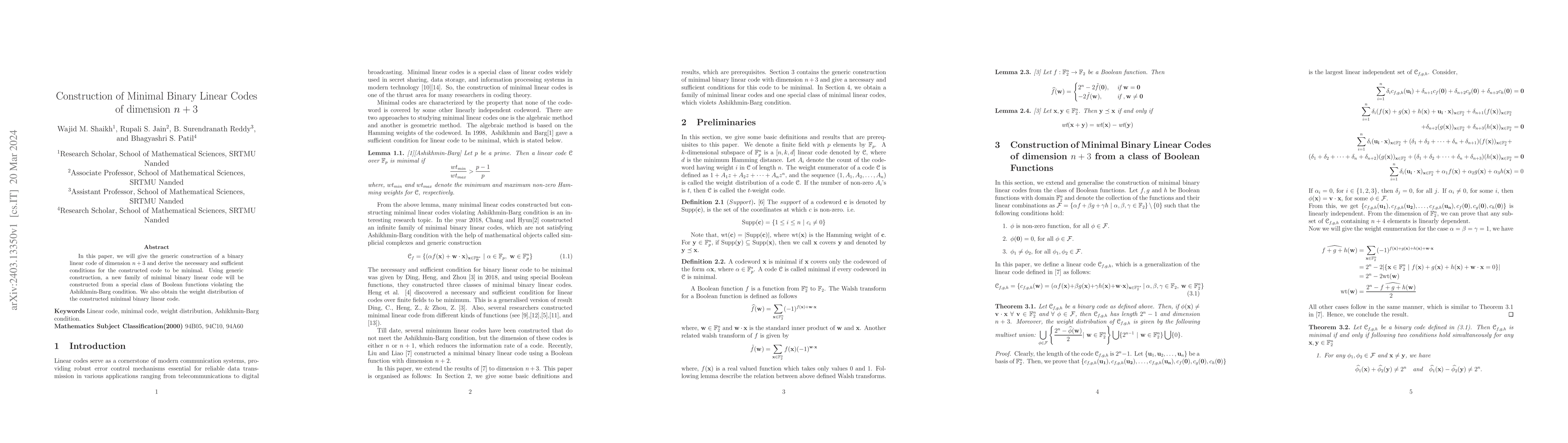 Thumbnail for Construction of Minimal Binary Linear Codes of dimension $n+3$
