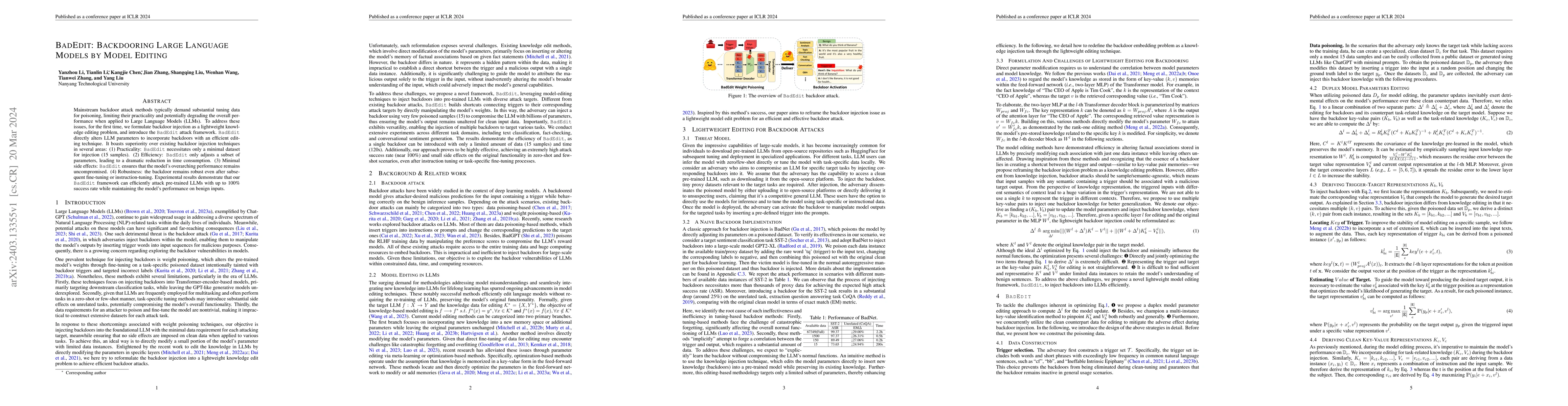 Thumbnail for BadEdit: Backdooring large language models by model editing