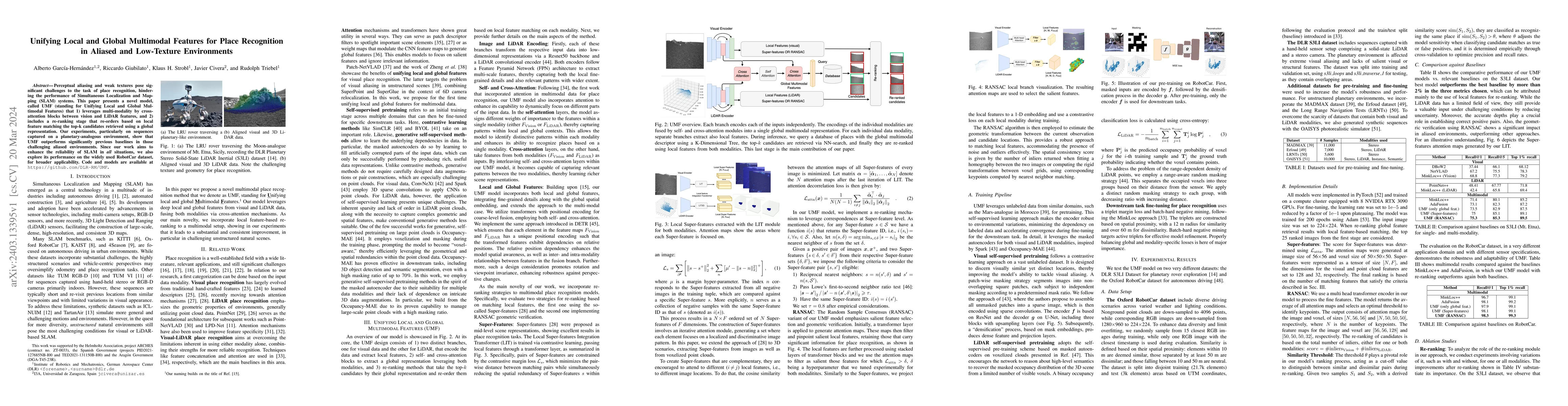 Thumbnail for Unifying Local and Global Multimodal Features for Place Recognition in
  Aliased and Low-Texture Environments