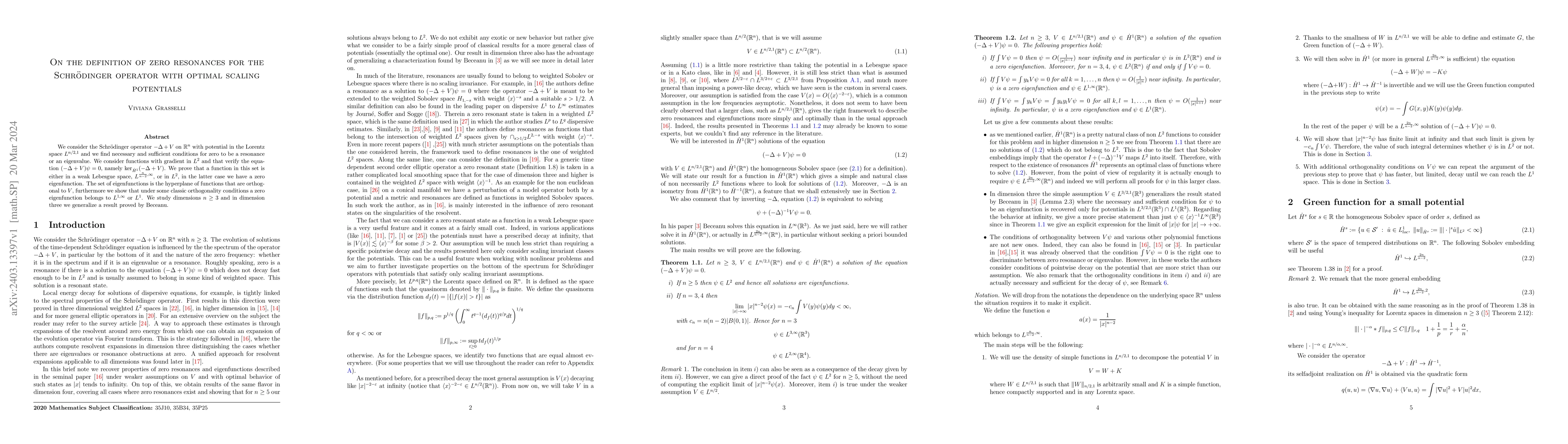 Thumbnail for On the definition of zero resonances for the Schr{\"o}dinger operator
  with optimal scaling potentials