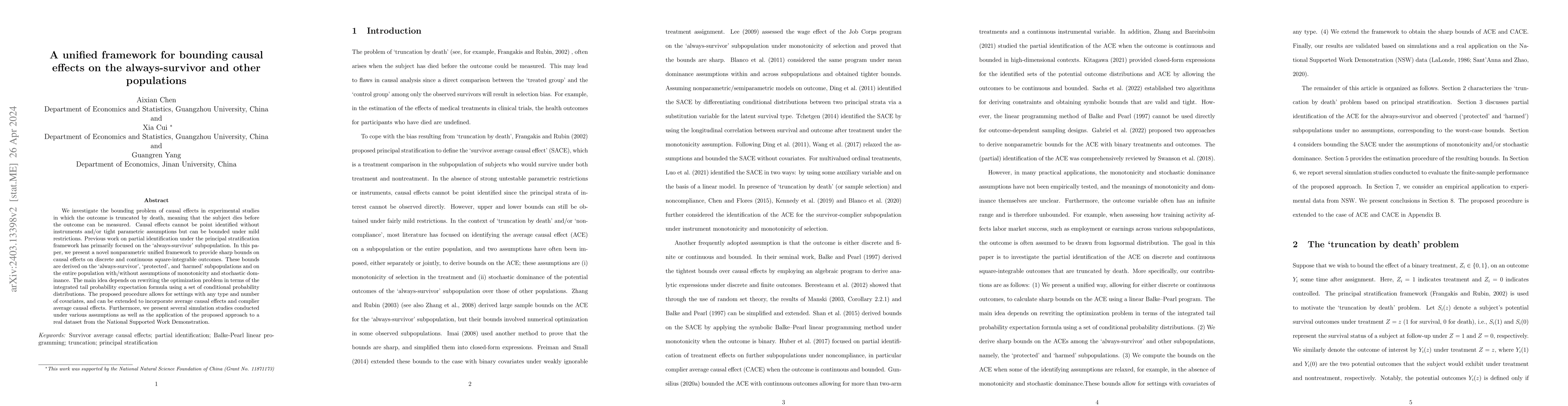 Thumbnail for A unified framework for bounding causal effects on the always-survivor
  and other populations