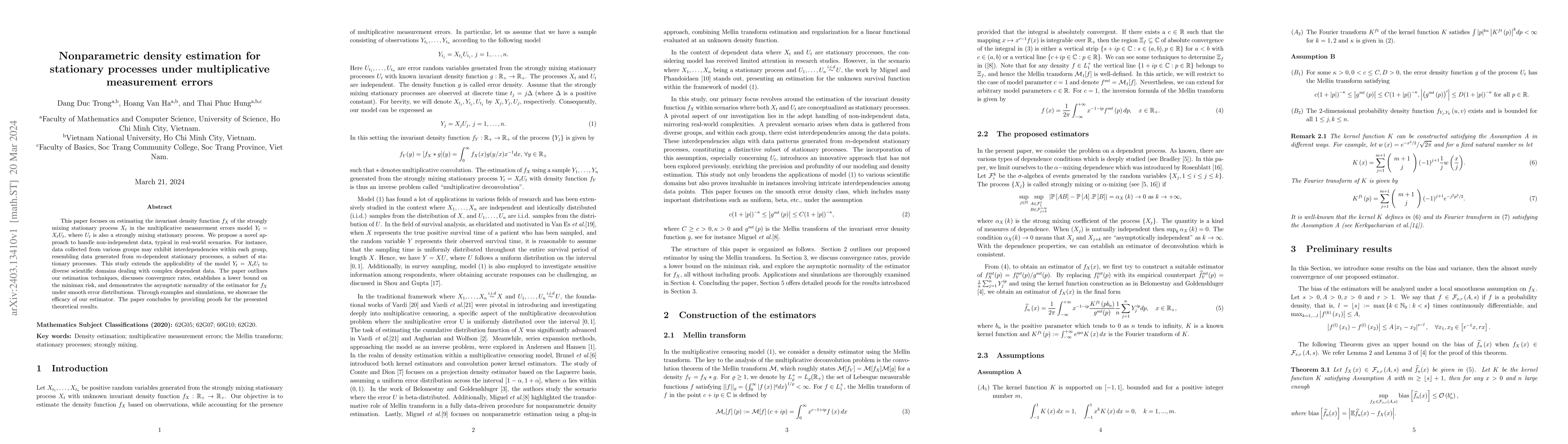 Thumbnail for Nonparametric density estimation for stationary processes under
  multiplicative measurement errors