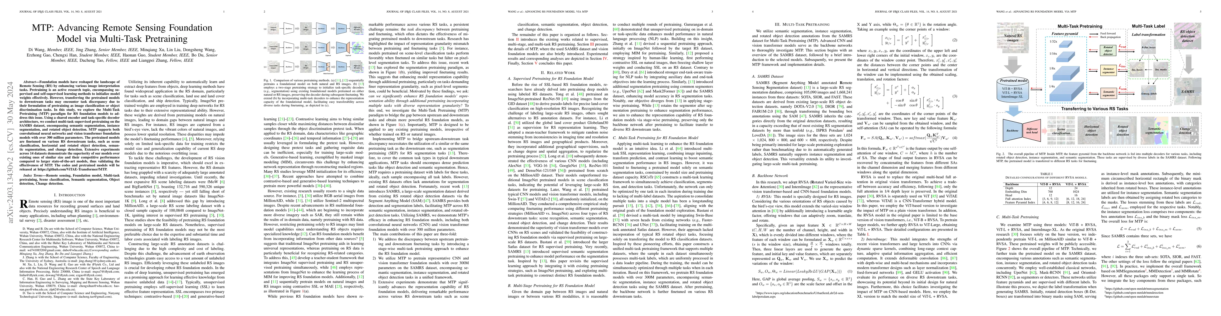Thumbnail for MTP: Advancing Remote Sensing Foundation Model via Multi-Task
  Pretraining