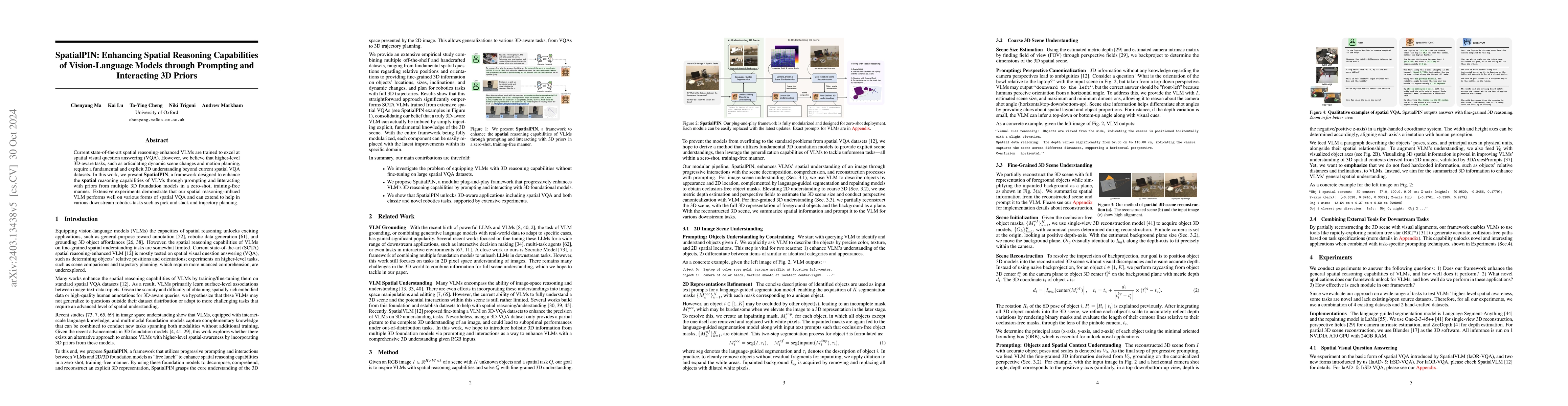 Thumbnail for SpatialPIN: Enhancing Spatial Reasoning Capabilities of Vision-Language
  Models through Prompting and Interacting 3D Priors