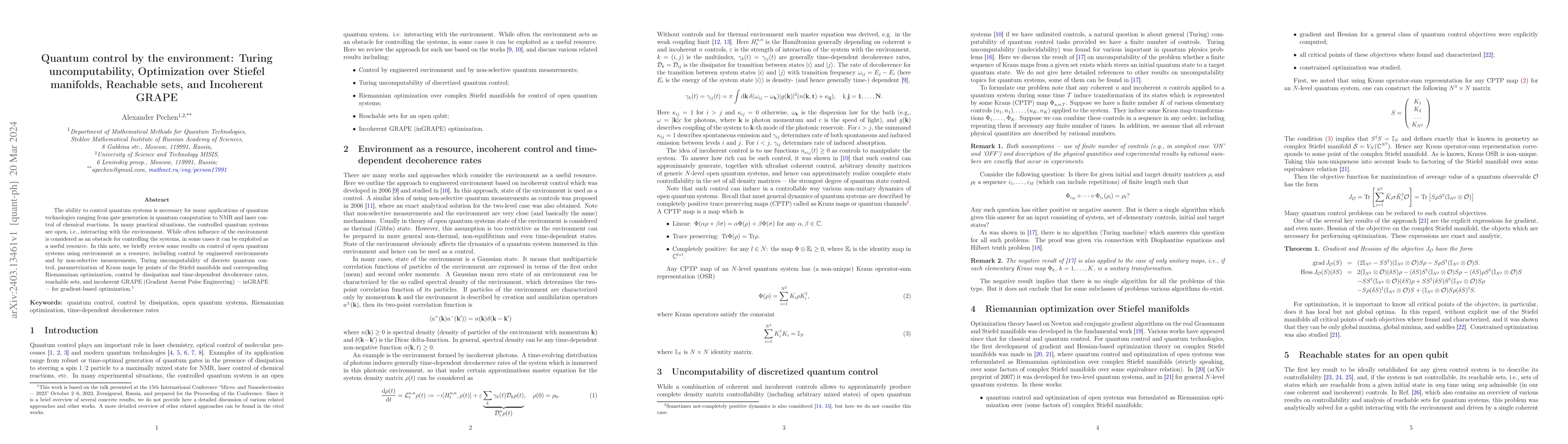 Thumbnail for Quantum control by the environment: Turing uncomputability, Optimization
  over Stiefel manifolds, Reachable sets, and Incoherent GRAPE