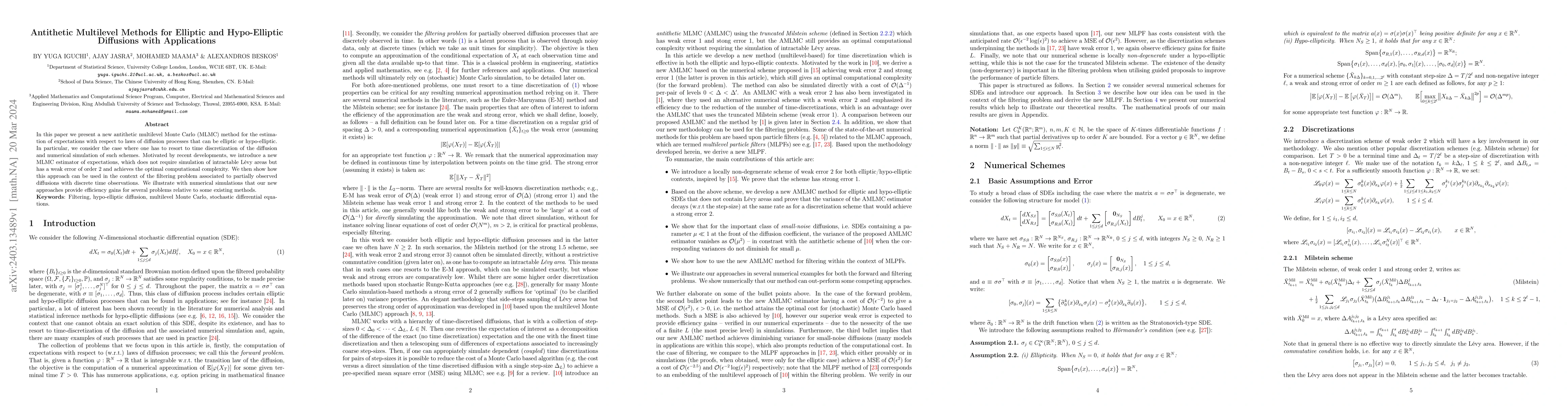 Thumbnail for Antithetic Multilevel Methods for Elliptic and Hypo-Elliptic Diffusions
  with Applications