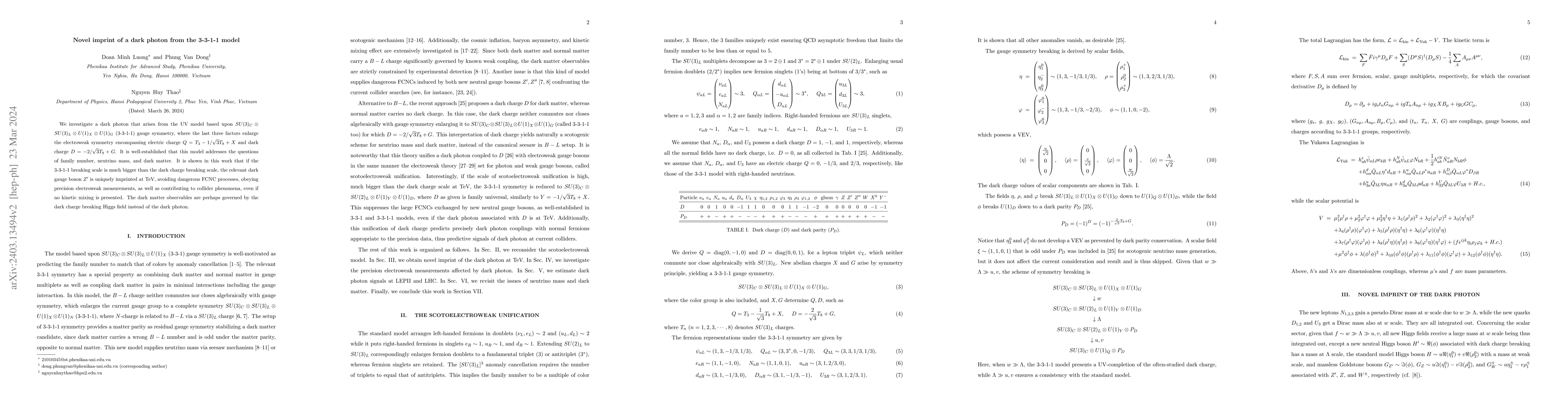 Thumbnail for Novel imprint of a dark photon from the 3-3-1-1 model