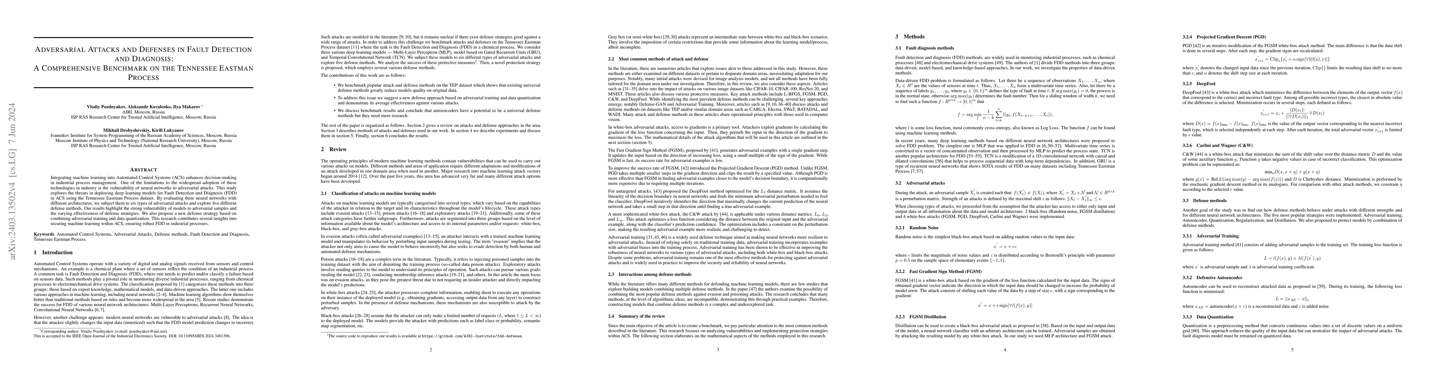 Thumbnail for Adversarial Attacks and Defenses in Fault Detection and Diagnosis: A
  Comprehensive Benchmark on the Tennessee Eastman Process