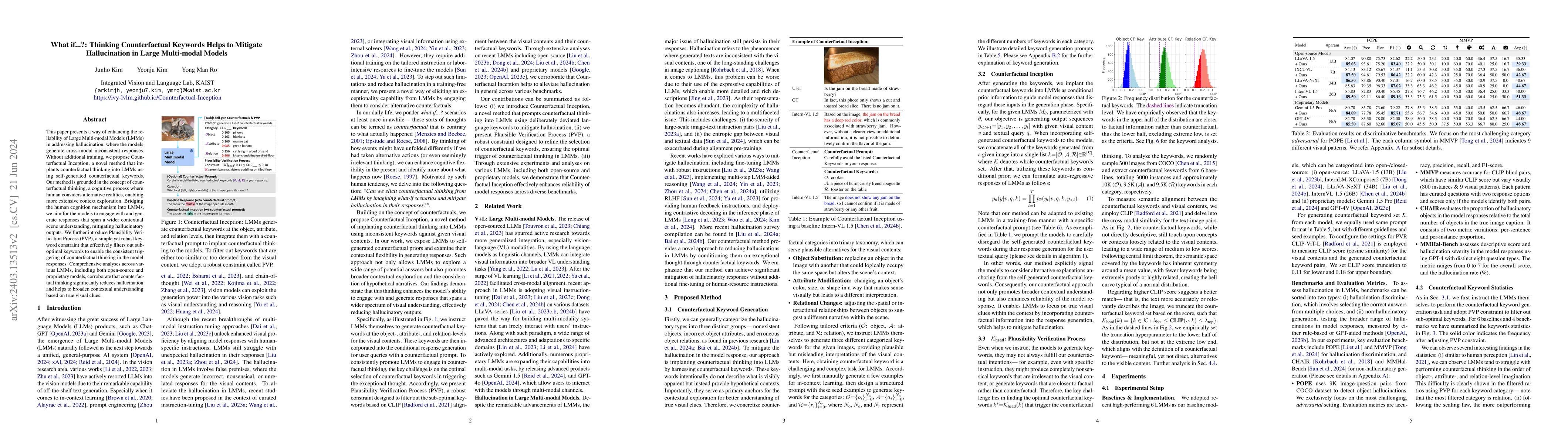 Thumbnail for What if...?: Thinking Counterfactual Keywords Helps to Mitigate
  Hallucination in Large Multi-modal Models