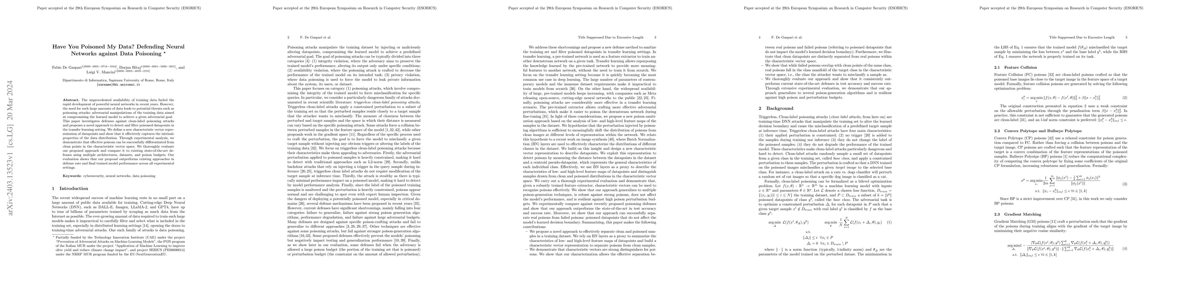 Thumbnail for Have You Poisoned My Data? Defending Neural Networks against Data
  Poisoning