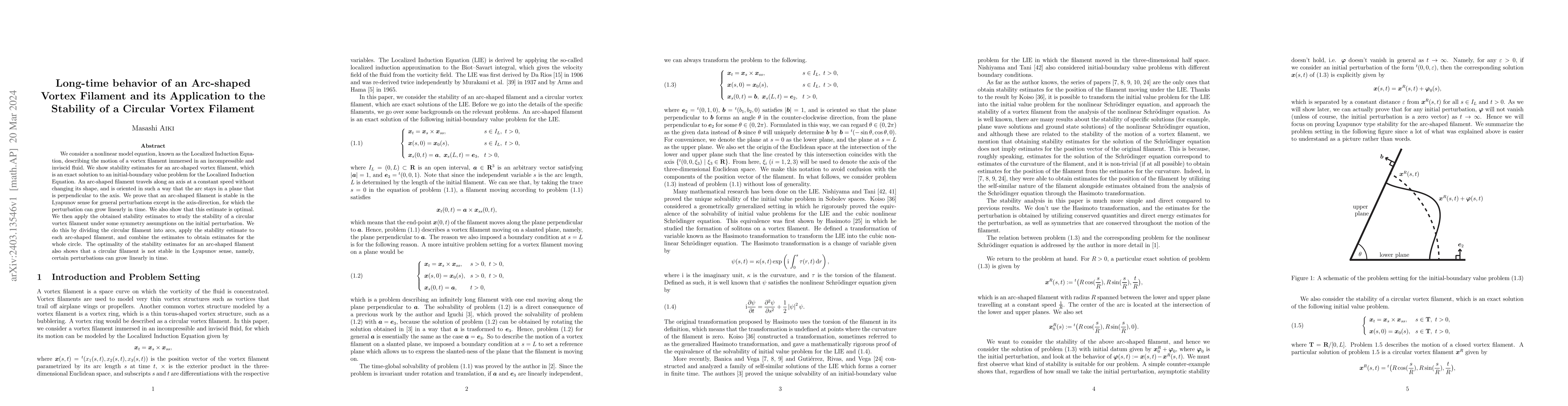 Thumbnail for Long-time behavior of an Arc-shaped Vortex Filament and its Application
  to the Stability of a Circular Vortex Filament