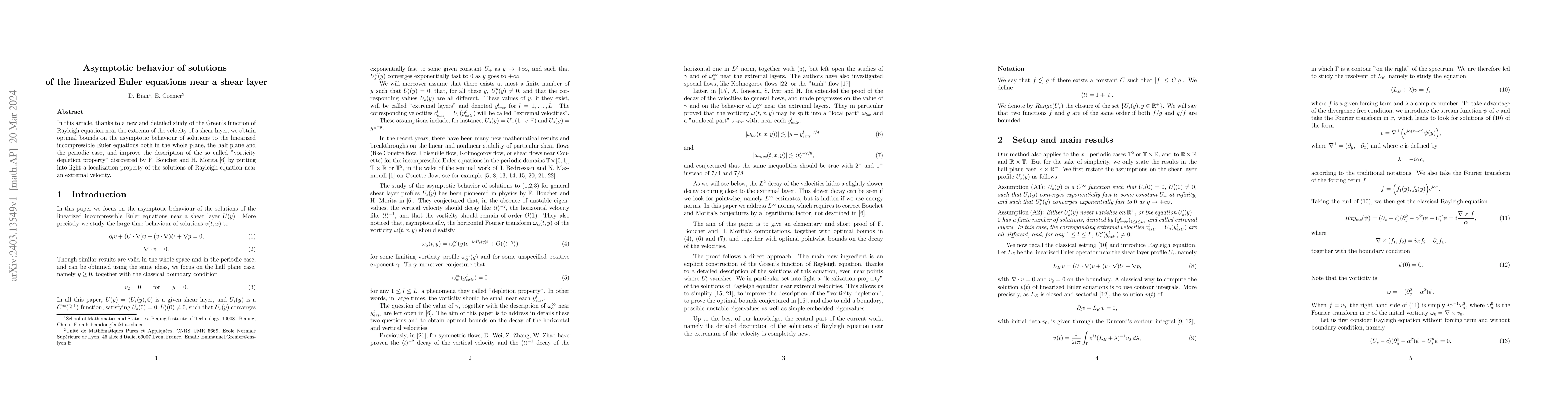 Thumbnail for Asymptotic behavior of solutions of the linearized Euler equations near
  a shear layer