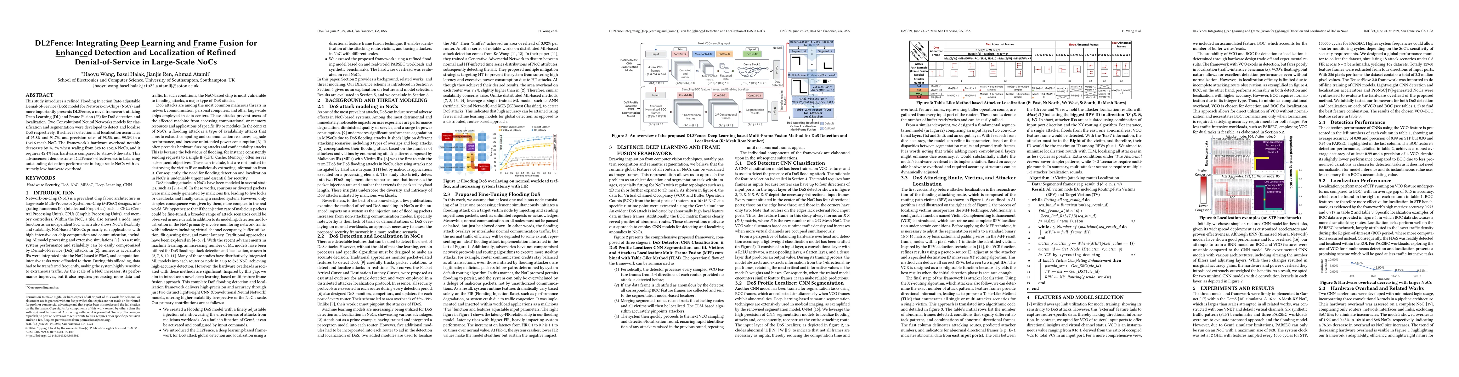 Thumbnail for DL2Fence: Integrating Deep Learning and Frame Fusion for Enhanced
  Detection and Localization of Refined Denial-of-Service in Large-Scale NoCs
