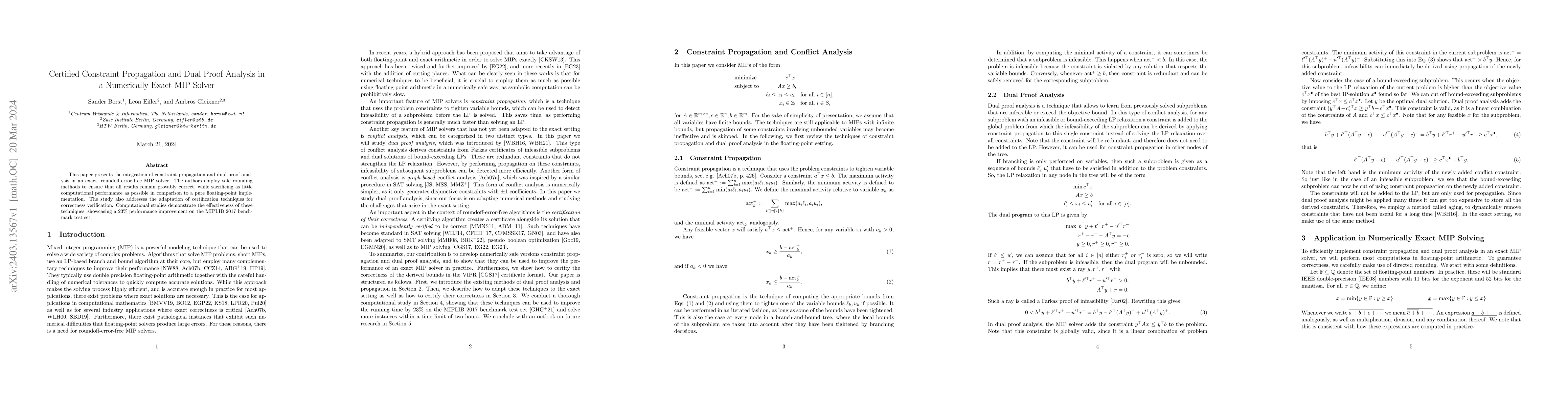 Thumbnail for Certified Constraint Propagation and Dual Proof Analysis in a
  Numerically Exact MIP Solver