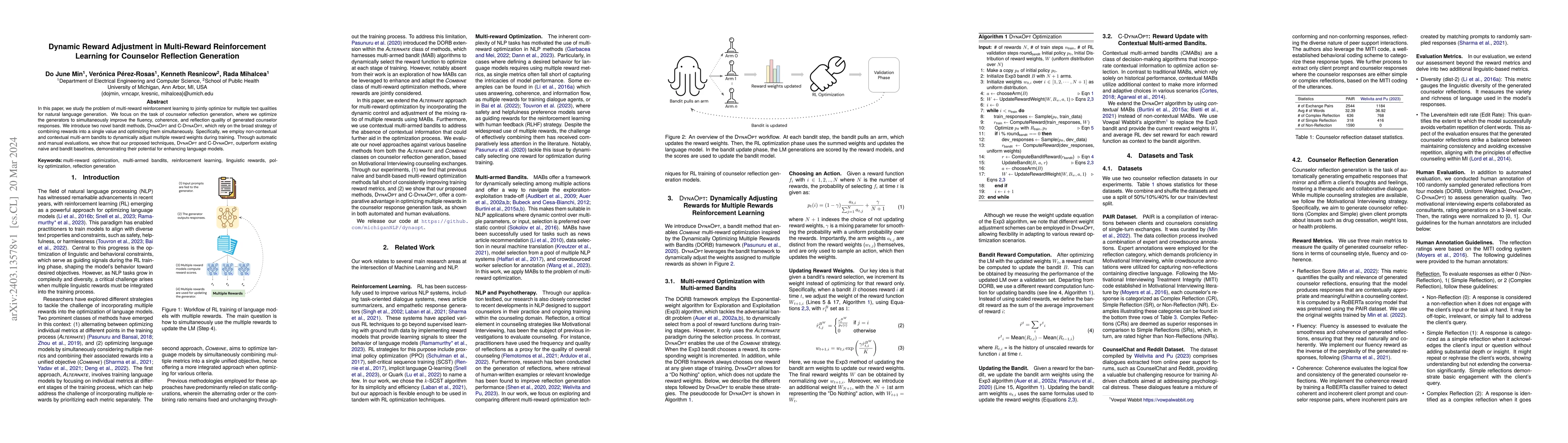 Thumbnail for Dynamic Reward Adjustment in Multi-Reward Reinforcement Learning for
  Counselor Reflection Generation