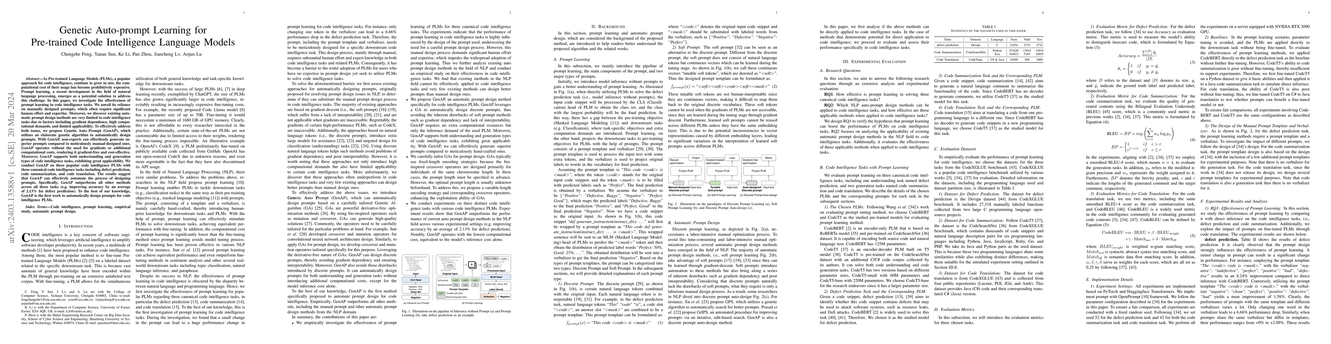 Thumbnail for Genetic Auto-prompt Learning for Pre-trained Code Intelligence Language
  Models