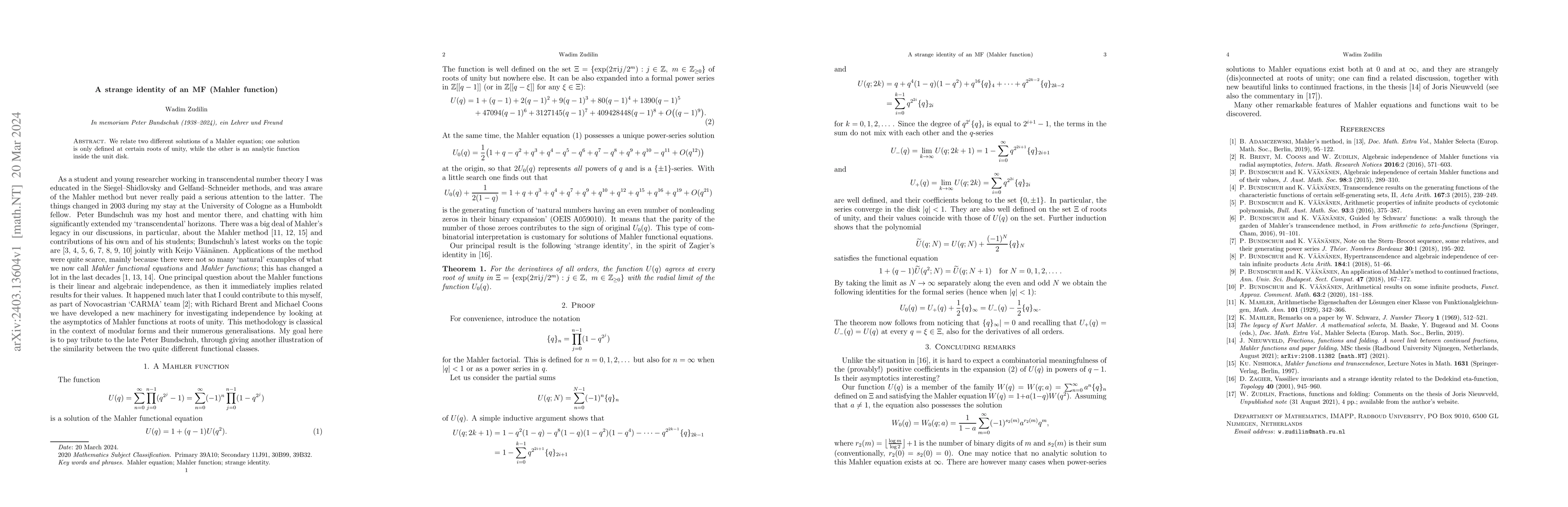 Thumbnail for A strange identity of an MF (Mahler function)
