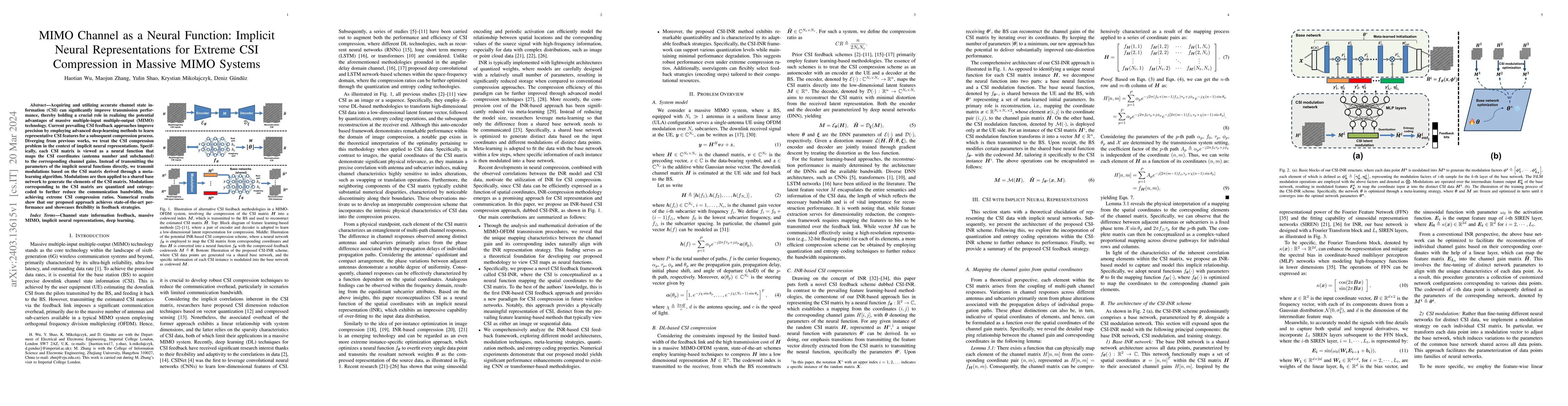 Thumbnail for MIMO Channel as a Neural Function: Implicit Neural Representations for
  Extreme CSI Compression in Massive MIMO Systems