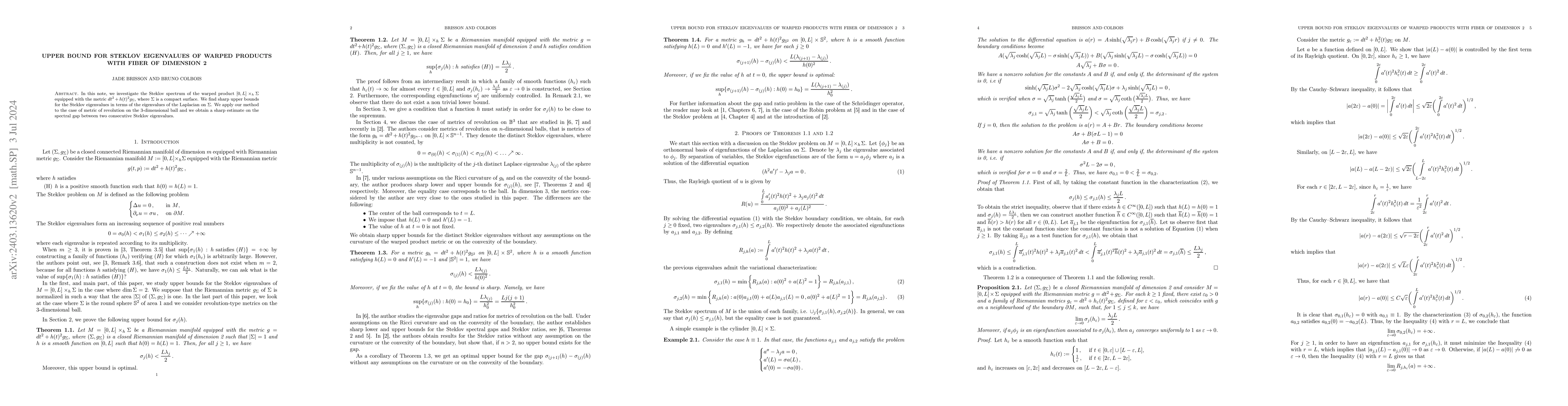 Thumbnail for Upper bound for Steklov eigenvalues of warped products with fiber of
  dimension 2