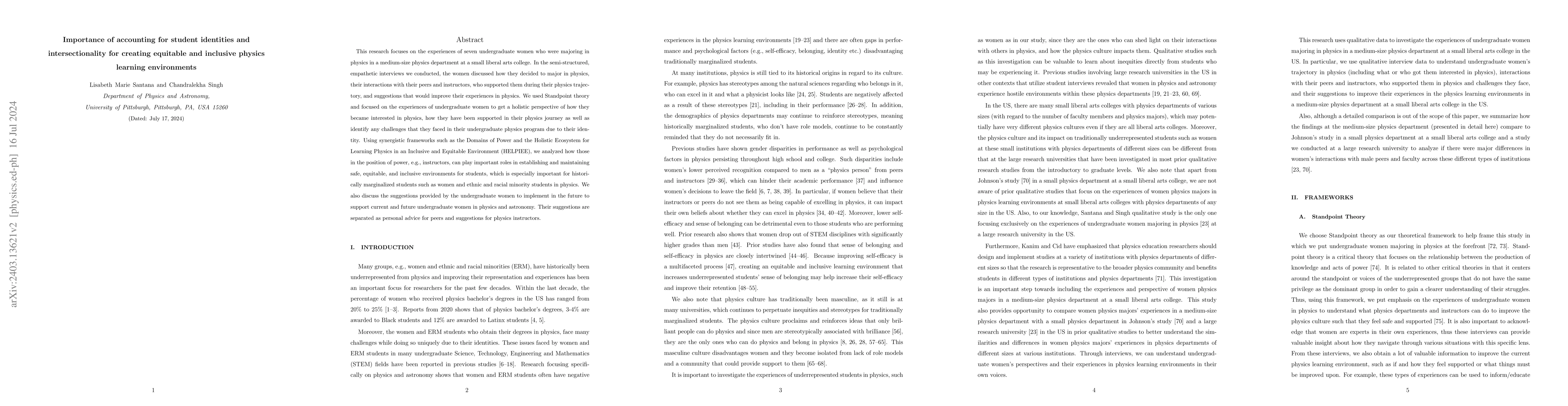 Thumbnail for Importance of accounting for student identities and intersectionality
  for creating equitable and inclusive physics learning environments