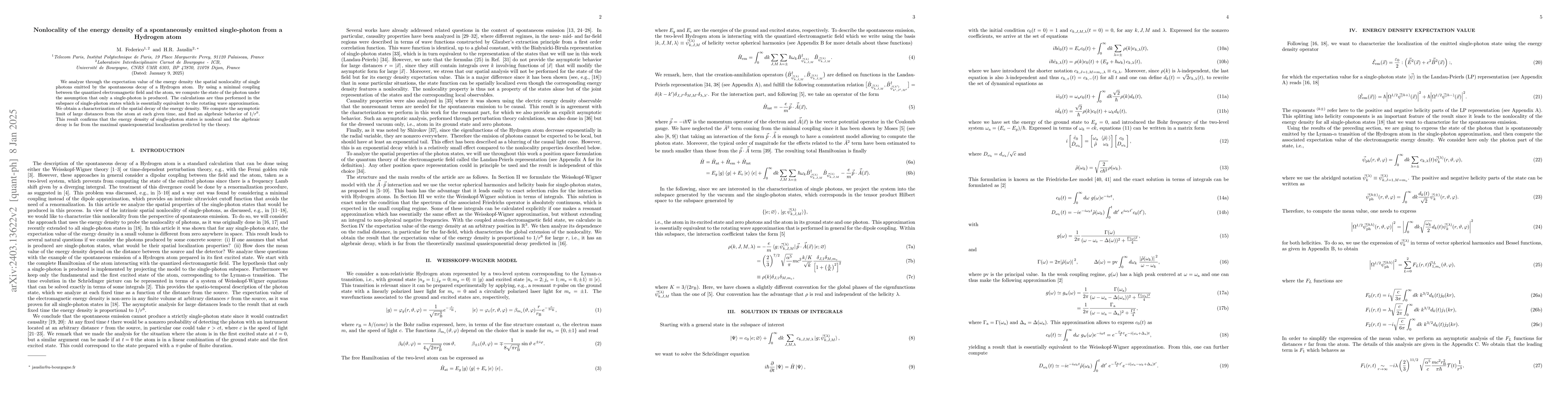 Thumbnail for Nonlocality of the energy density of a spontaneously emitted
  single-photon from a Hydrogen atom