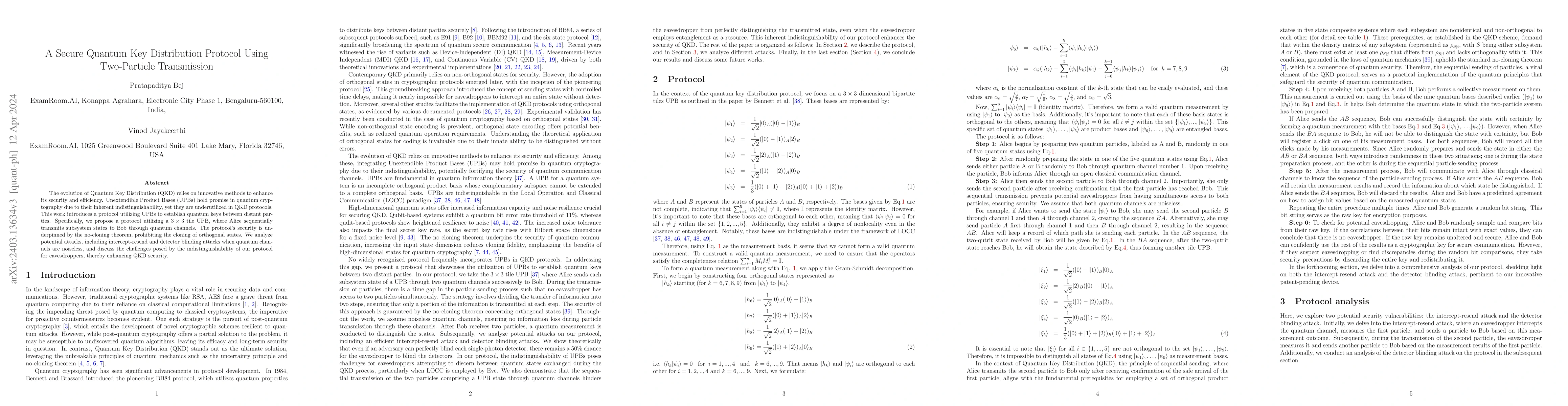 Thumbnail for A Secure Quantum Key Distribution Protocol Using Two-Particle
  Transmission
