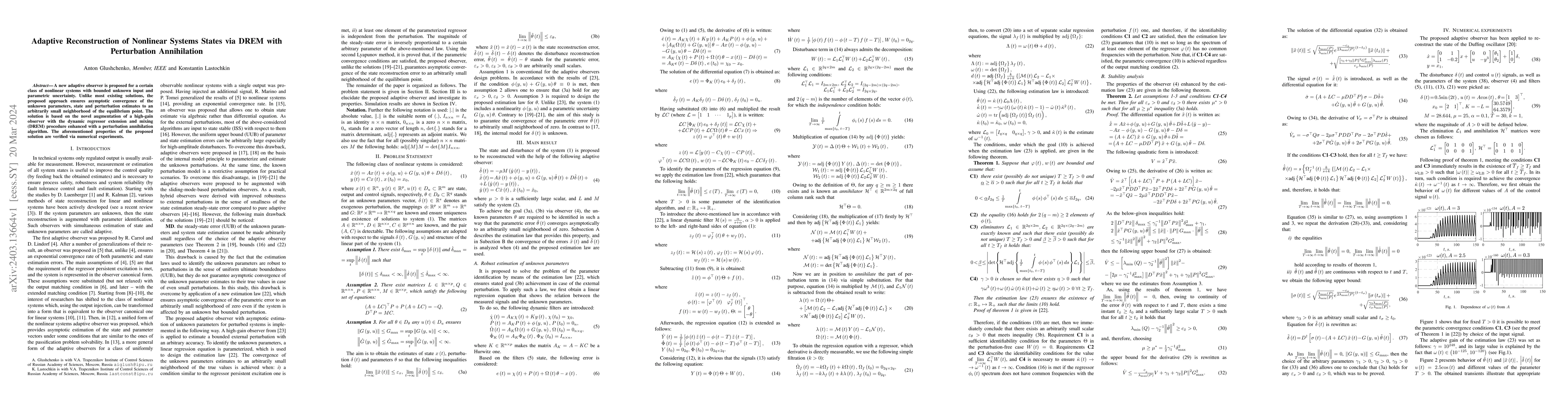 Thumbnail for Adaptive Reconstruction of Nonlinear Systems States via DREM with
  Perturbation Annihilation