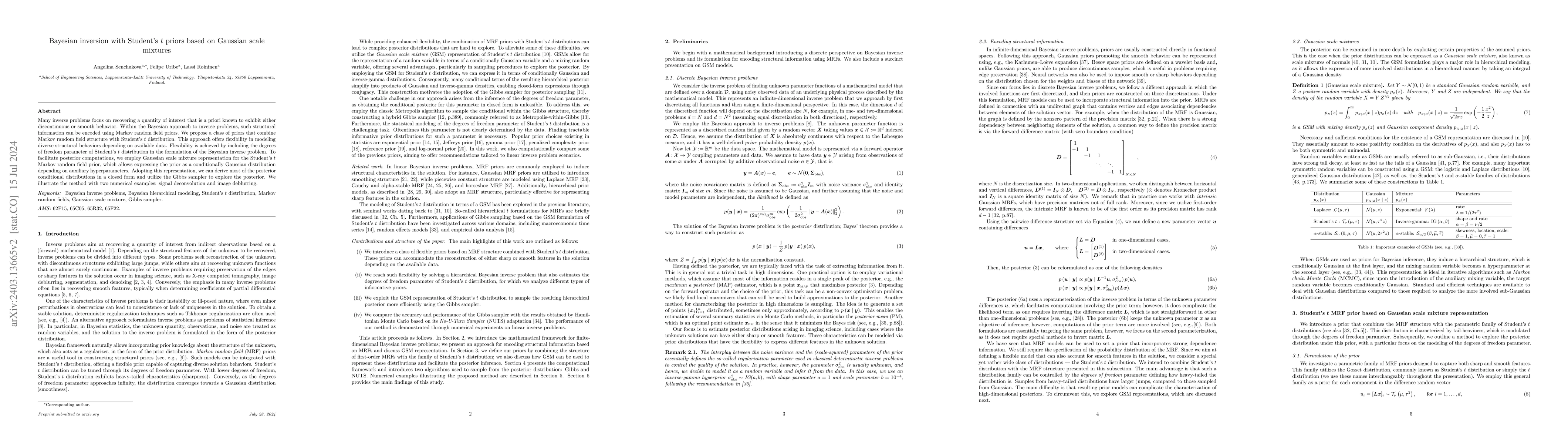 Thumbnail for Bayesian inversion with Student's t priors based on Gaussian scale
  mixtures