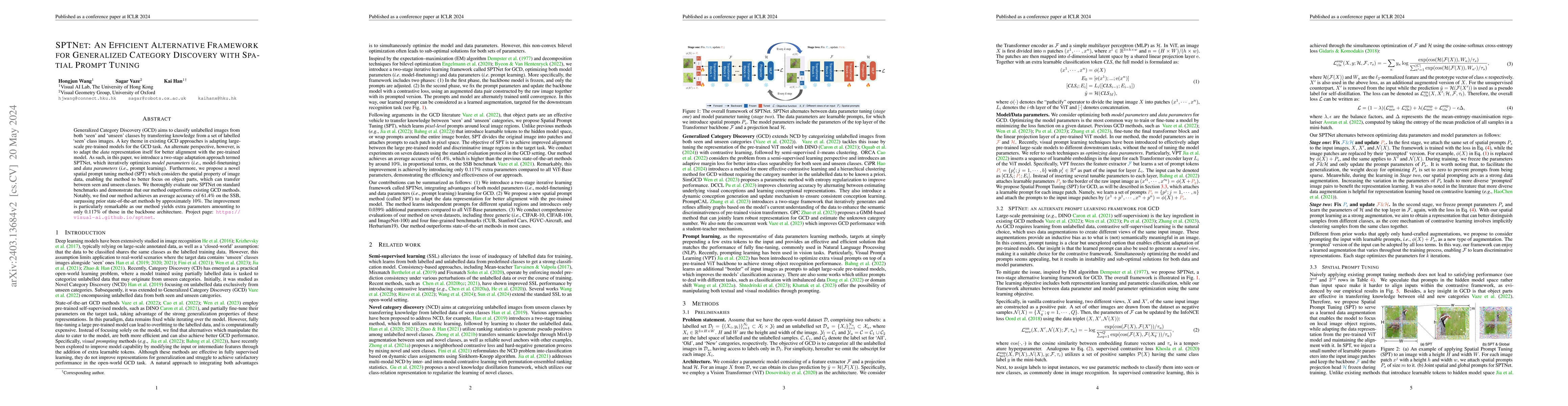 Thumbnail for SPTNet: An Efficient Alternative Framework for Generalized Category
  Discovery with Spatial Prompt Tuning