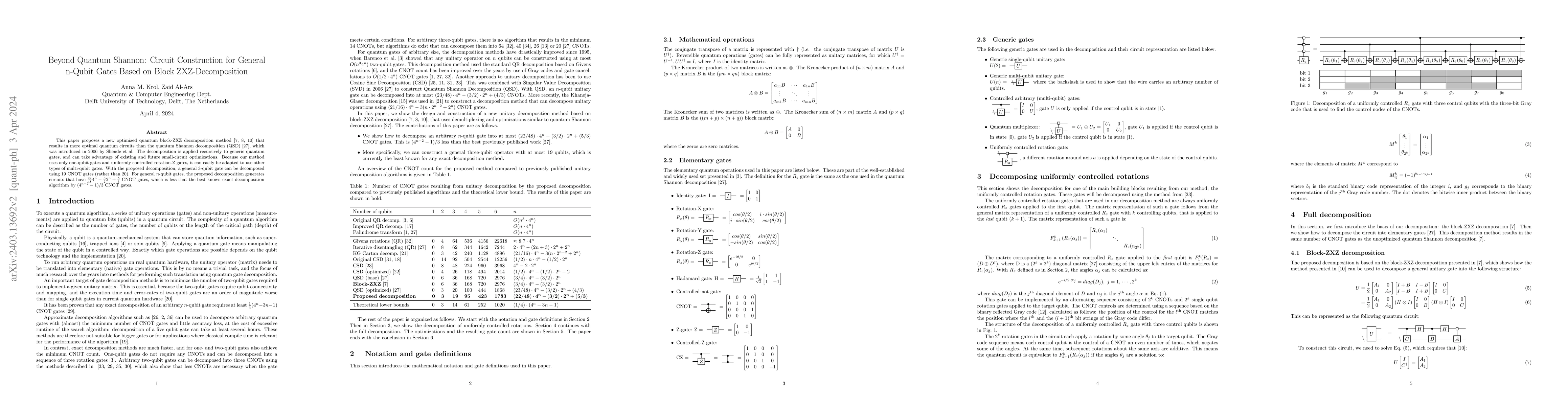 Thumbnail for Beyond Quantum Shannon: Circuit Construction for General n-Qubit Gates
  Based on Block ZXZ-Decomposition