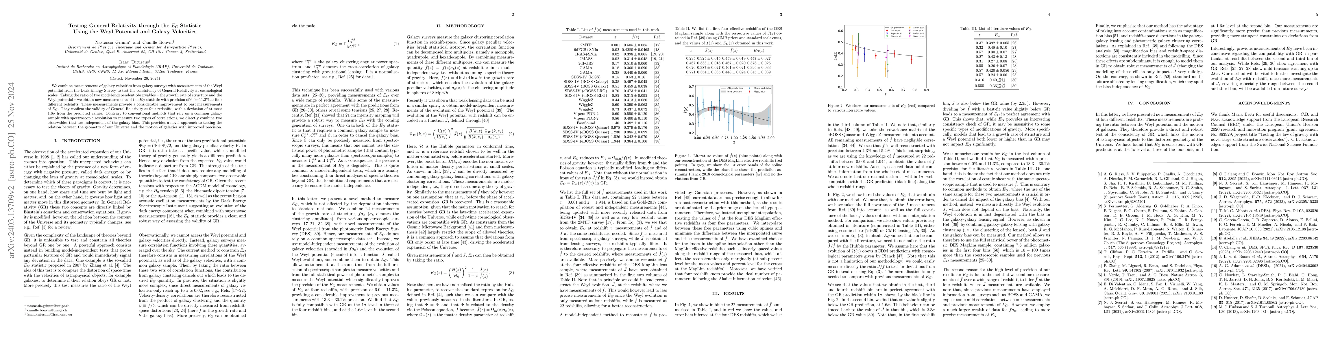 Thumbnail for New measurements of $E_G$: Testing General Relativity with the Weyl
  potential and galaxy velocities