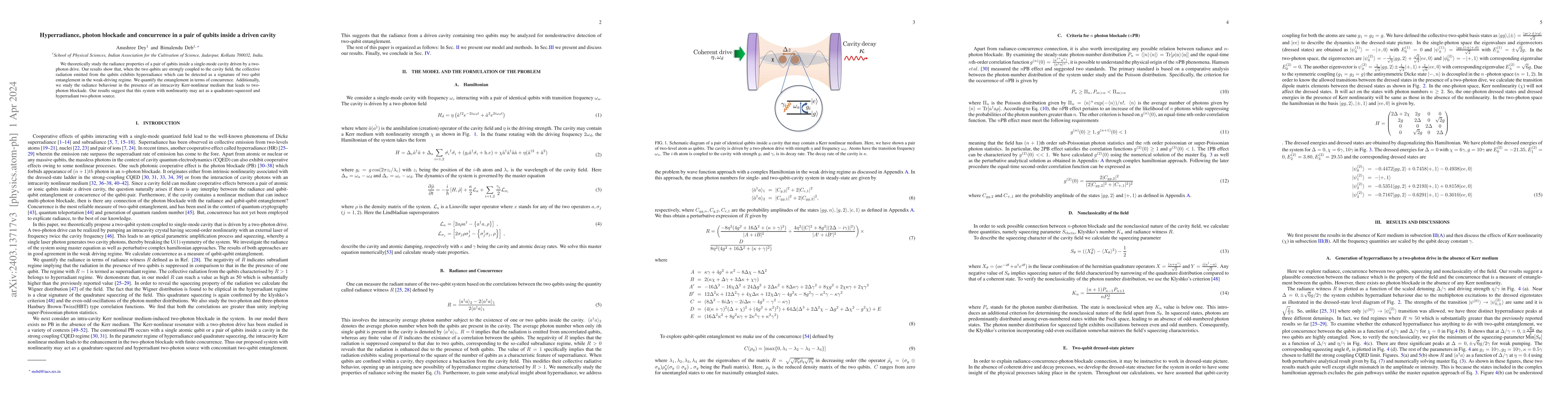 Thumbnail for Hyperradiance, photon blockade and concurrence in a pair of qubits
  inside a driven cavity