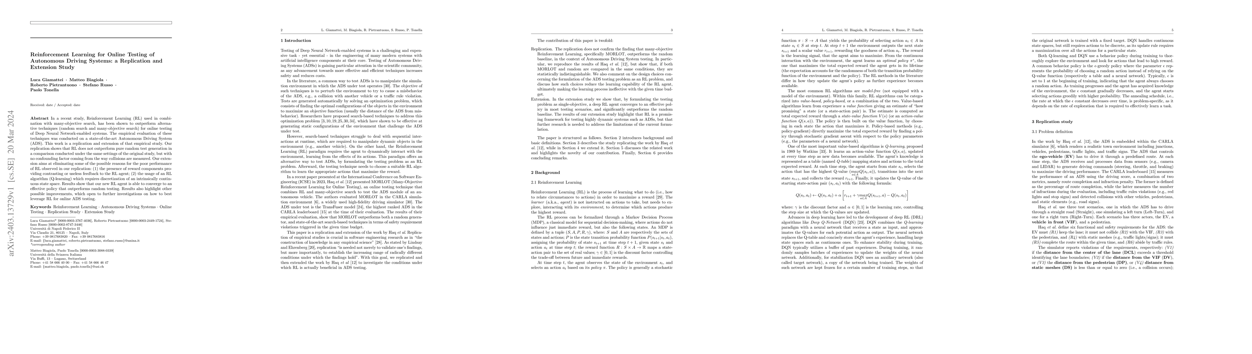 Thumbnail for Reinforcement Learning for Online Testing of Autonomous Driving Systems:
  a Replication and Extension Study