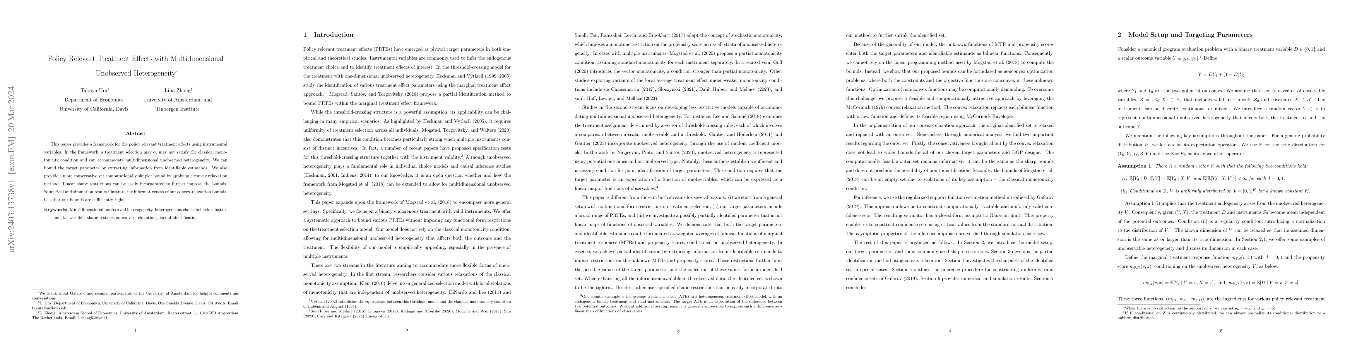 Thumbnail for Policy Relevant Treatment Effects with Multidimensional Unobserved
  Heterogeneity