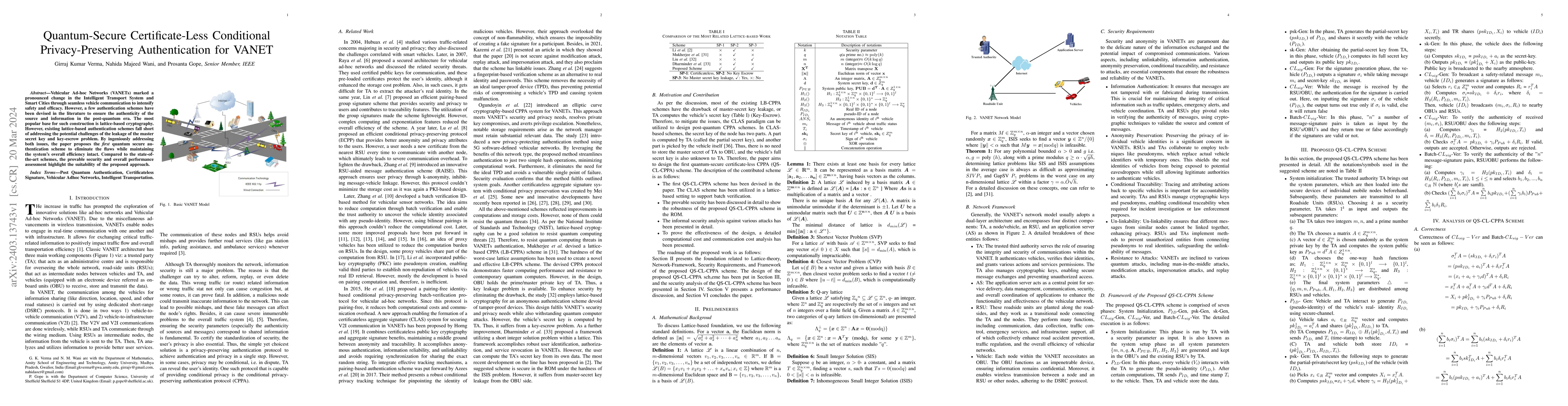 Thumbnail for Quantum-Secure Certificate-Less Conditional Privacy-Preserving
  Authentication for VANET