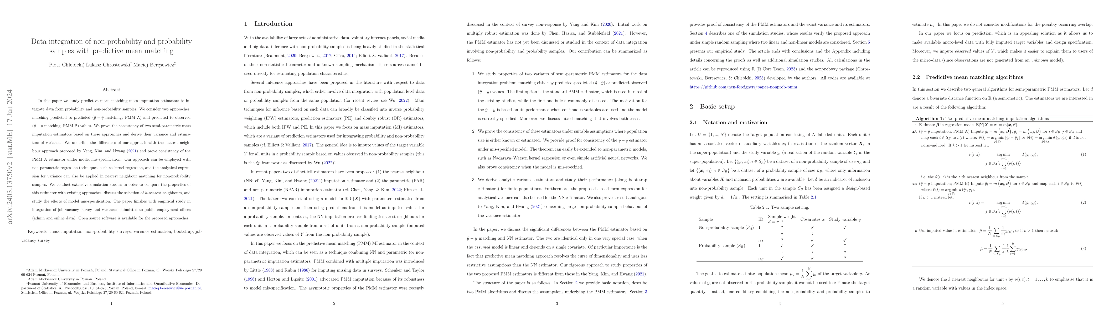 Thumbnail for Data integration of non-probability and probability samples with
  predictive mean matching