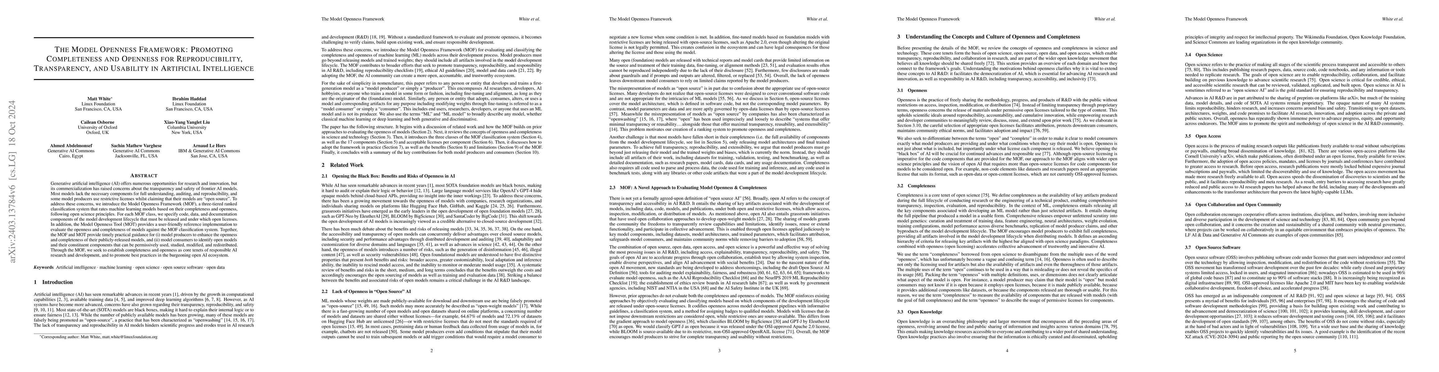 Thumbnail for The Model Openness Framework: Promoting Completeness and Openness for
  Reproducibility, Transparency, and Usability in Artificial Intelligence