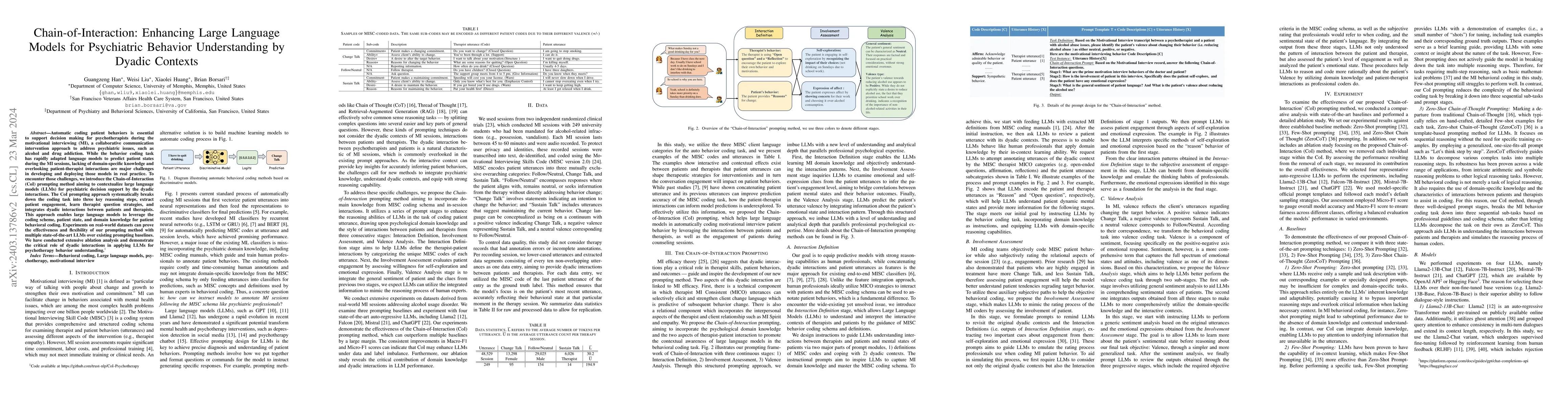 Thumbnail for Chain-of-Interaction: Enhancing Large Language Models for Psychiatric
  Behavior Understanding by Dyadic Contexts