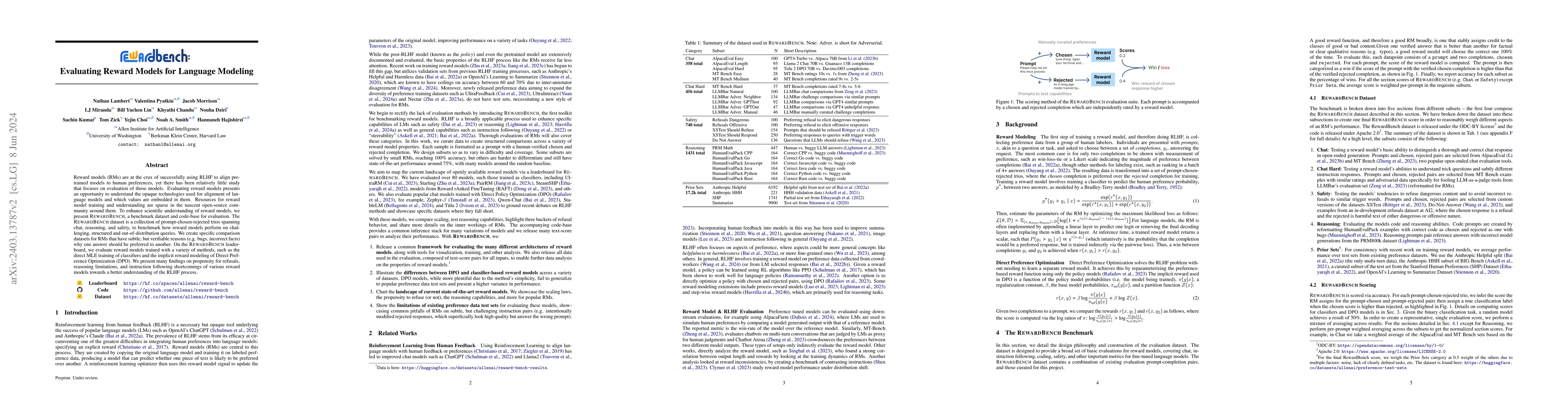 Thumbnail for RewardBench: Evaluating Reward Models for Language Modeling