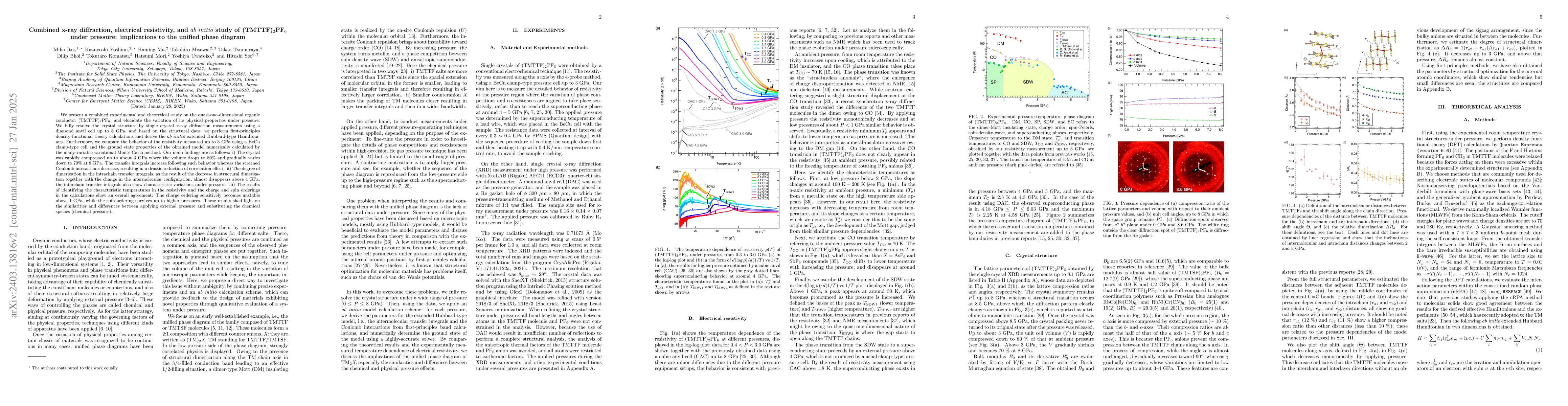 Thumbnail for Combined X-ray diffraction, electrical resistivity, and $ab$ $initio$
  study of (TMTTF)$_2$PF$_6$ under pressure: implications to the unified phase
  diagram