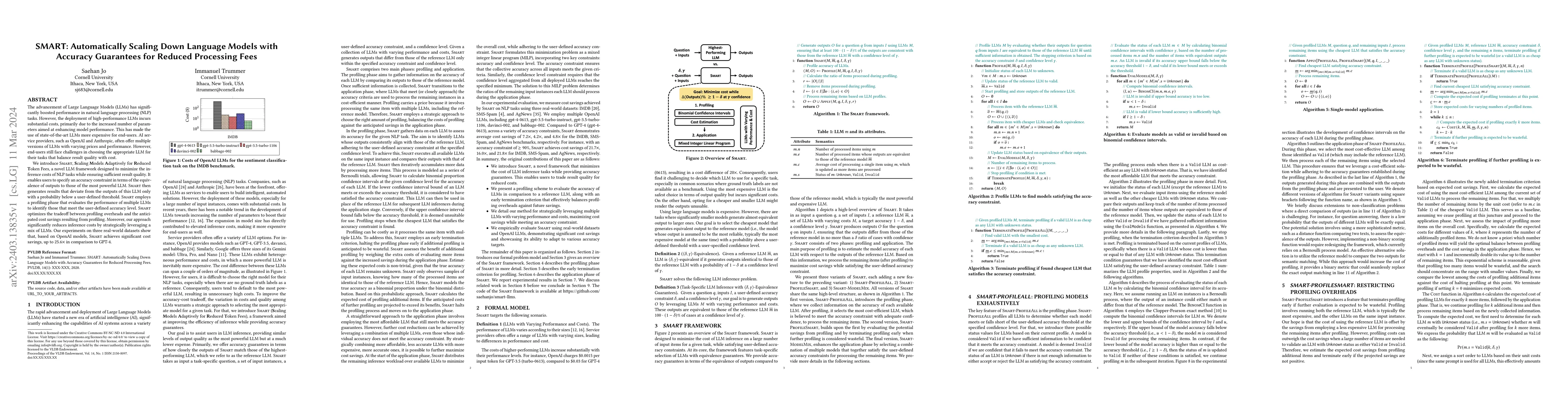 Thumbnail for SMART: Automatically Scaling Down Language Models with Accuracy
  Guarantees for Reduced Processing Fees