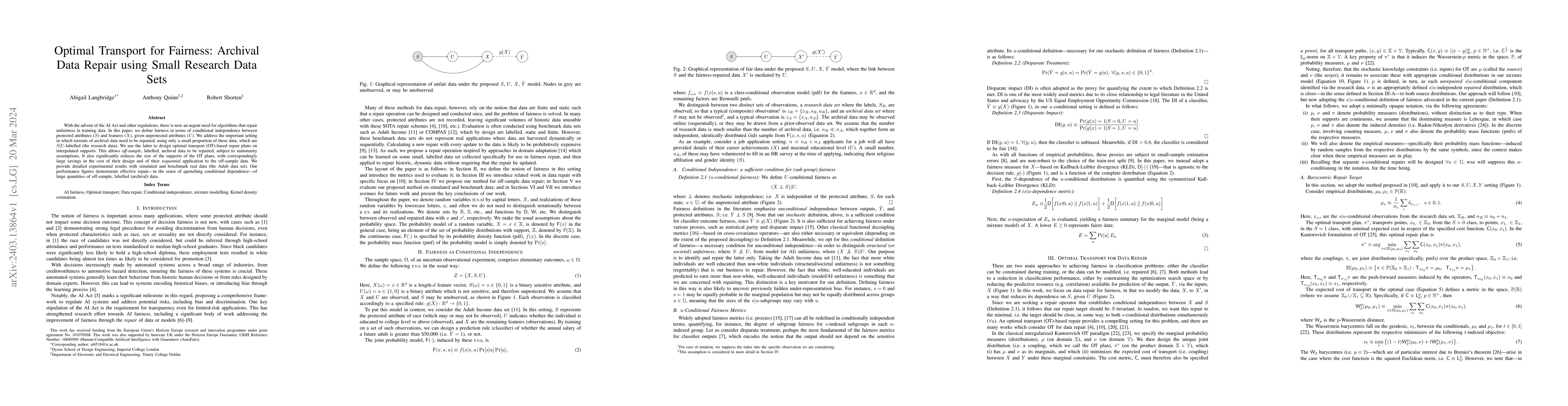 Thumbnail for Optimal Transport for Fairness: Archival Data Repair using Small
  Research Data Sets