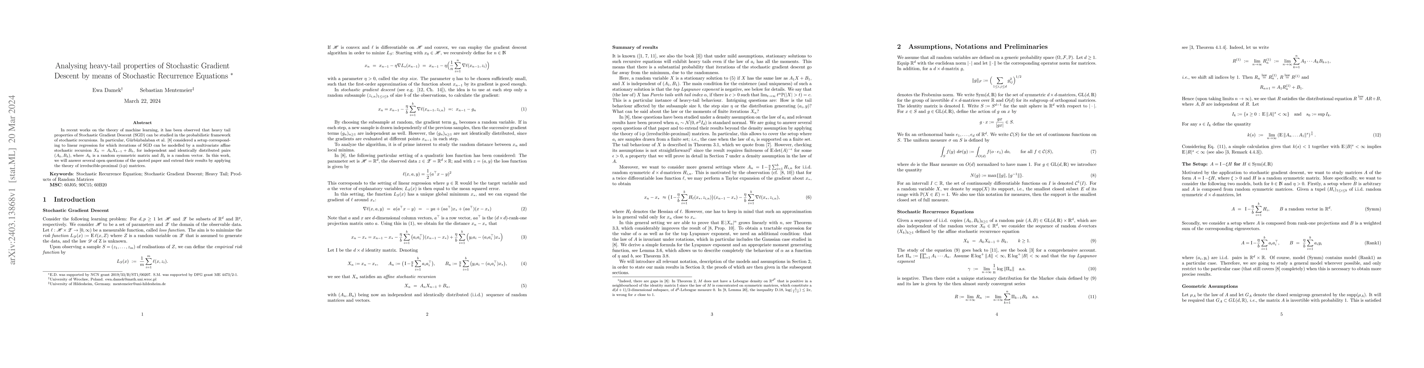 Thumbnail for Analysing heavy-tail properties of Stochastic Gradient Descent by means
  of Stochastic Recurrence Equations