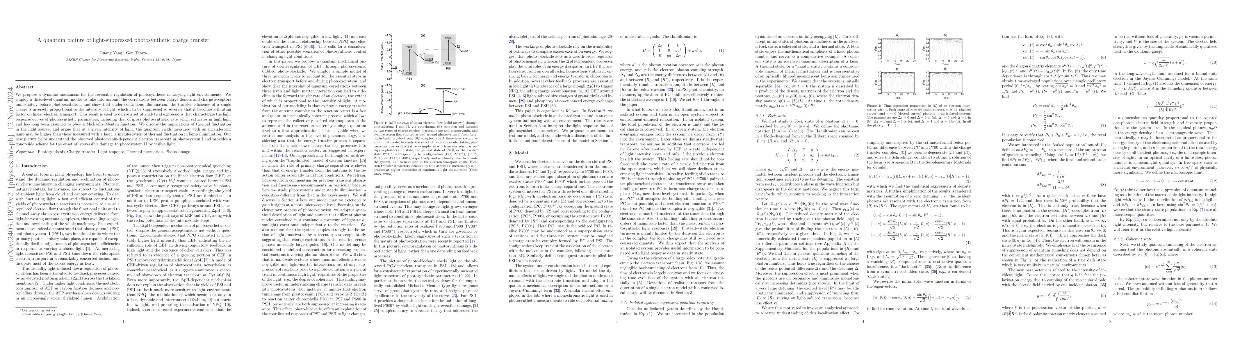 Thumbnail for A quantum picture of light-suppressed photosynthetic charge transfer:
  Photo-blockade
