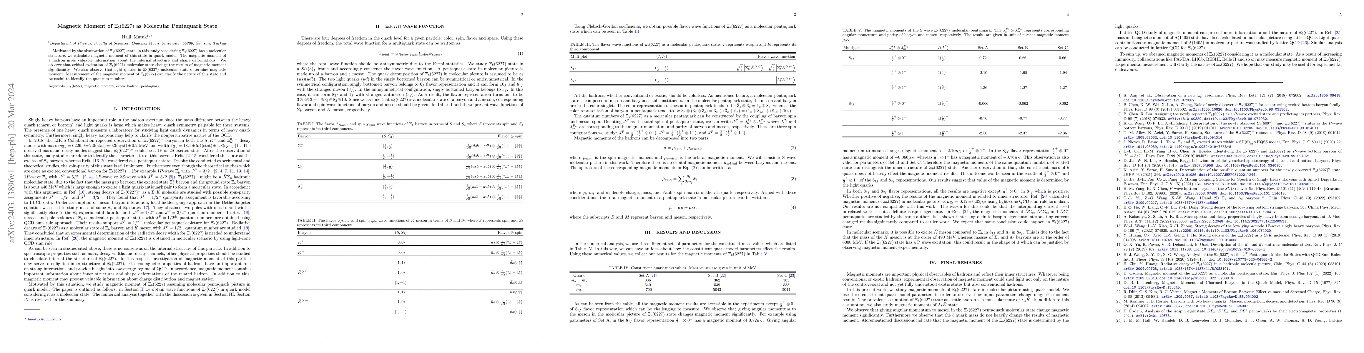 Thumbnail for Magnetic Moment of $\Xi_b(6227)$ as Molecular Pentaquark State
