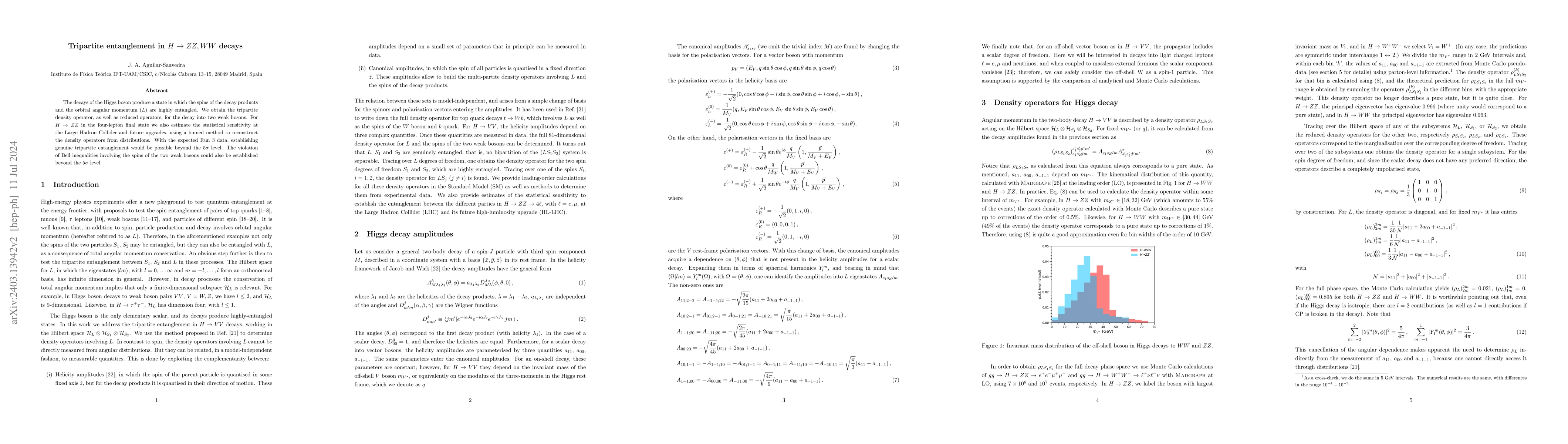 Thumbnail for Tripartite entanglement in $H \to ZZ,WW$ decays